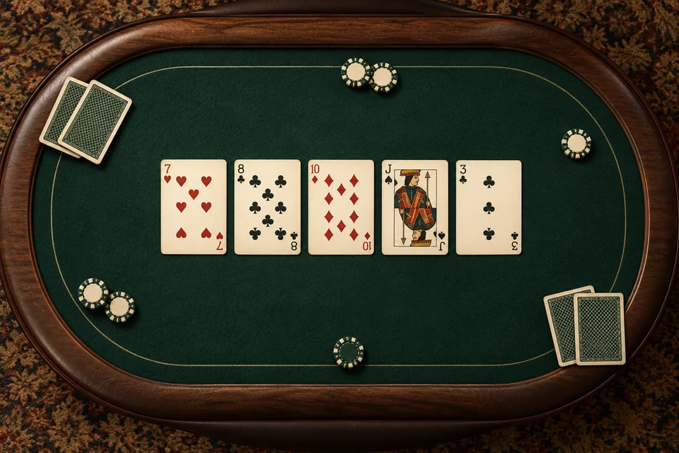 Five community cards on a poker table.