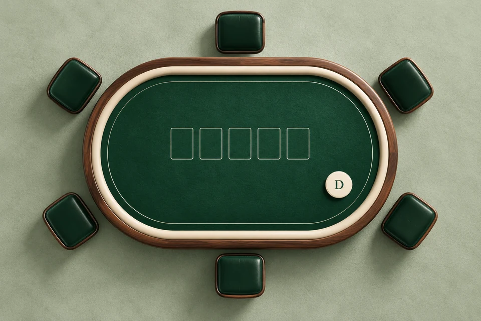 A six-seat poker table showing the dealer button.