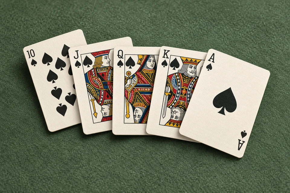 Ten, jack, queen, king and ace of spades: a royal flush.